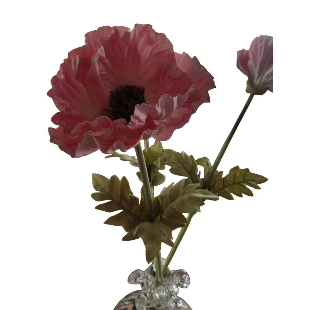 Clear Ribbed Glass Bud Vase with Ruffled Collar and Faux Pink Poppy Flowers